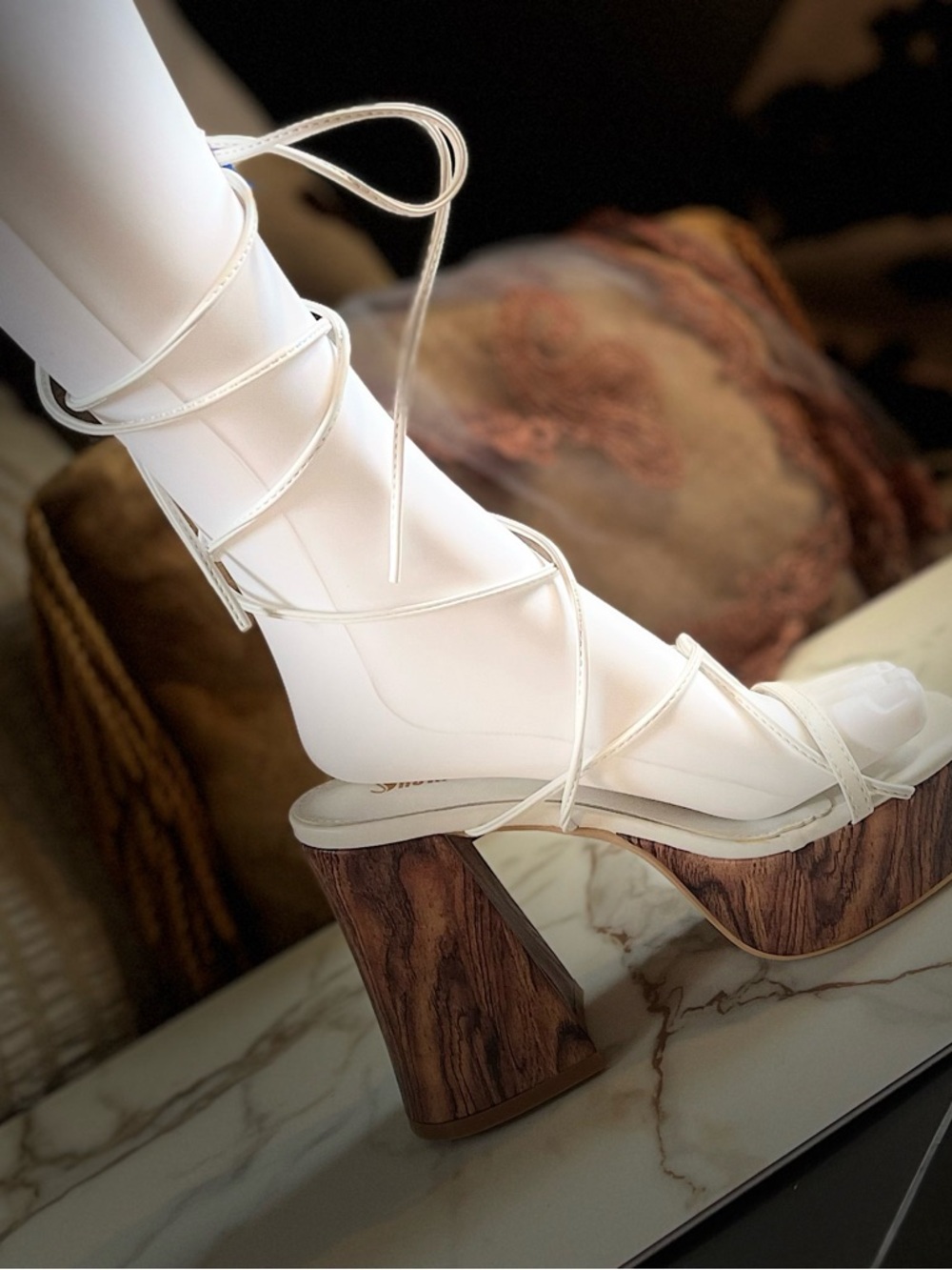 Strappy White Lace-Up Platform Sandals